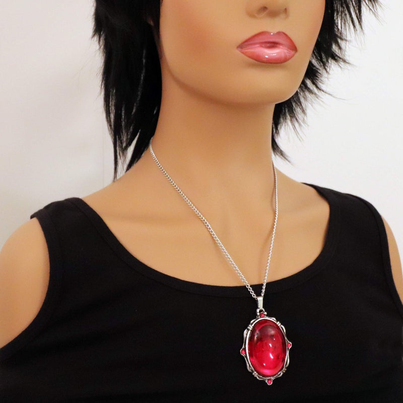 Real Metal Blood Red Oval Stone In Silver Finish Pewter Frame Pendant Necklace - Image 2